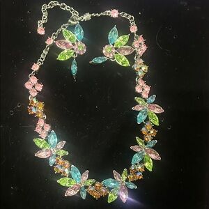 Suzanne Somers Multicolor Crystal Floral Necklace and Earrings - Pink Green Blue